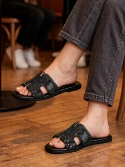 La Cuoieria Ciabatte donna in pelle con strass - nero