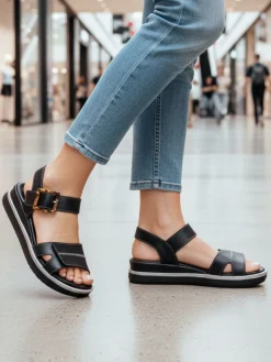 La Cuoieria Sandali in pelle da donna con zeppa e cinturino con fibbia - nero
