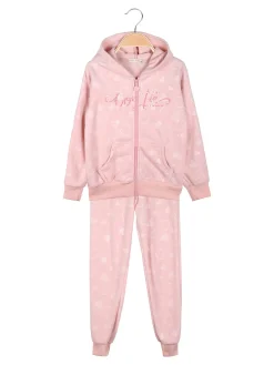 Lady Moda Completo tuta da ragazza 2 pezzi in ciniglia con cappuccio e zip - rosa