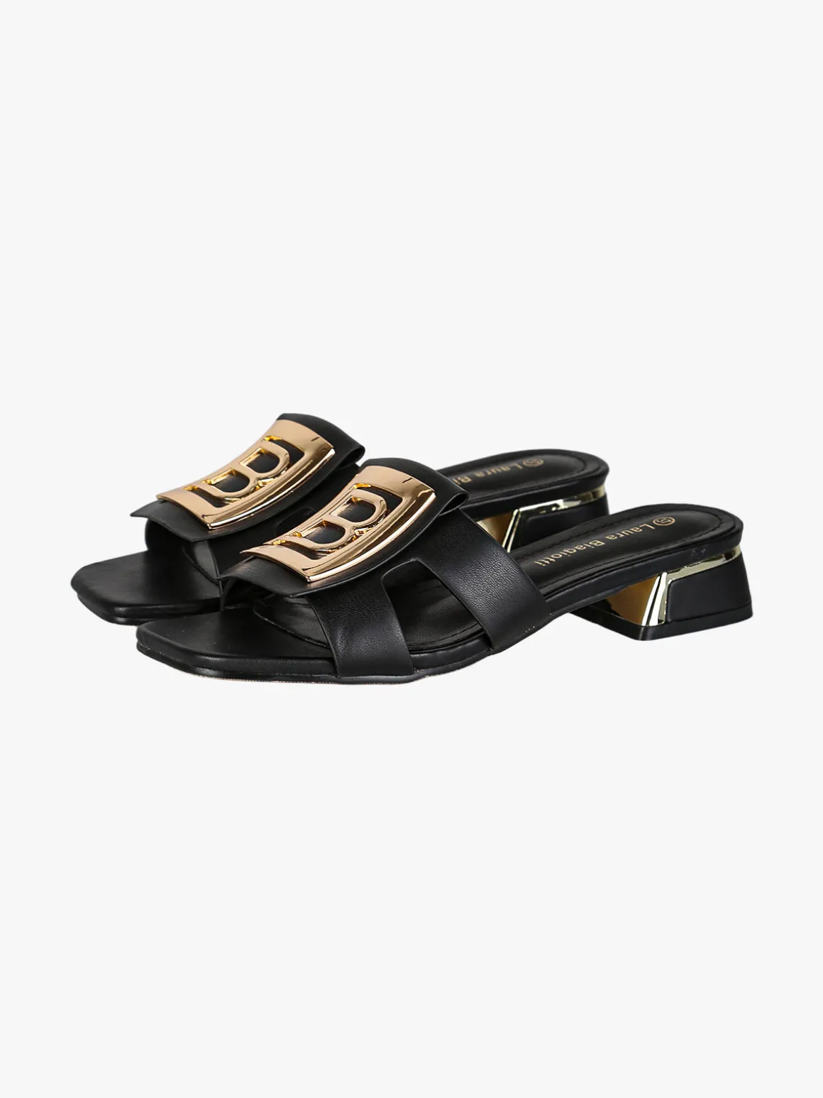 Laura Biagiotti ciabatte donna in vernice con tacco basso e fascia decorativa con logo - nero