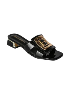 Laura Biagiotti Ciabatte donna in vernice con tacco basso e fascia decorativa con logo - nero
