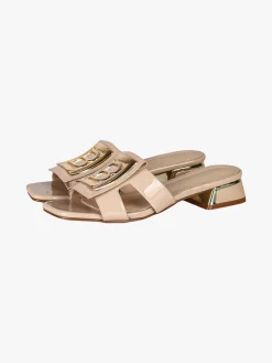 Laura Biagiotti ciabatte donna in vernice con tacco basso e fascia decorativa con logo - beige