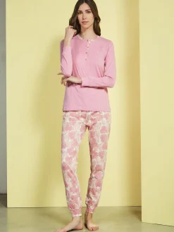 Laura Biagiotti Pigiama lungo da donna in cotone naturale con pantaloni floreali - rosa
