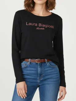 Laura Biagiotti T-shirt donna a maniche lunghe con stampa cane e strass