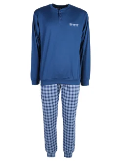 Linea Ambro Pigiama da uomo in misto cotone con pantaloni a quadri e taschino - blu