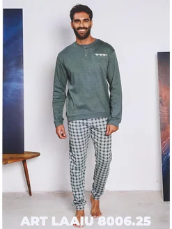 Linea Ambro Pigiama da uomo in misto cotone con pantaloni a quadri e taschino - verde