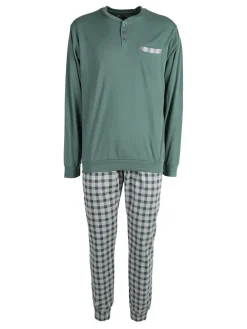 Linea Ambro Pigiama da uomo in misto cotone con pantaloni a quadri e taschino - verde