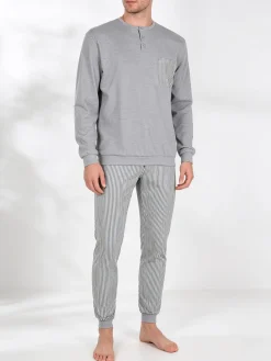Linea Ambro Pigiama da uomo in cotone interlock con taschino e pantaloni a righe