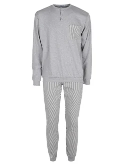 Linea Ambro Pigiama da uomo in cotone interlock con taschino e pantaloni a righe