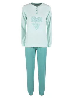Linea Ambro Pigiama lungo da donna in cotone interlock - acqua marina