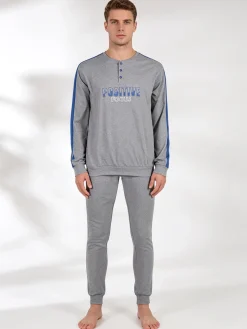 Linea Ambro Pigiama lungo da uomo in misto cotone interlock - grigio