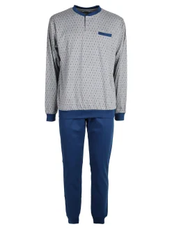 Linea Ambro Pigiama lungo da uomo in misto cotone interlock con taschino - grigio