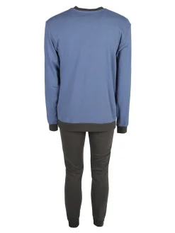 Linea Ambro Pigiama lungo da uomo in misto cotone interlock - blu