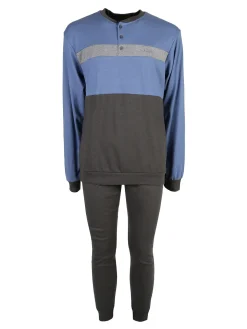 Linea Ambro Pigiama lungo da uomo in misto cotone interlock - blu