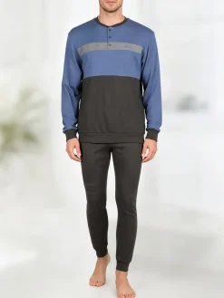 Linea Ambro Pigiama lungo da uomo in misto cotone interlock - blu