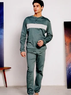 Linea Ambro Pigiama lungo da uomo in misto cotone interlock - verde