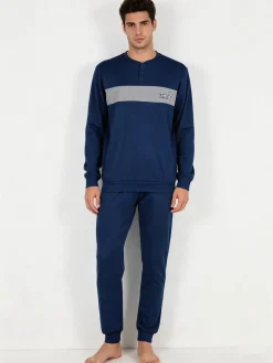 Linea Ambro Pigiama lungo da uomo in misto cotone interlock - blu