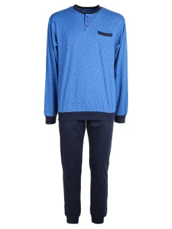 Linea Ambro Pigiama lungo da uomo in misto cotone interlock con taschino - blu