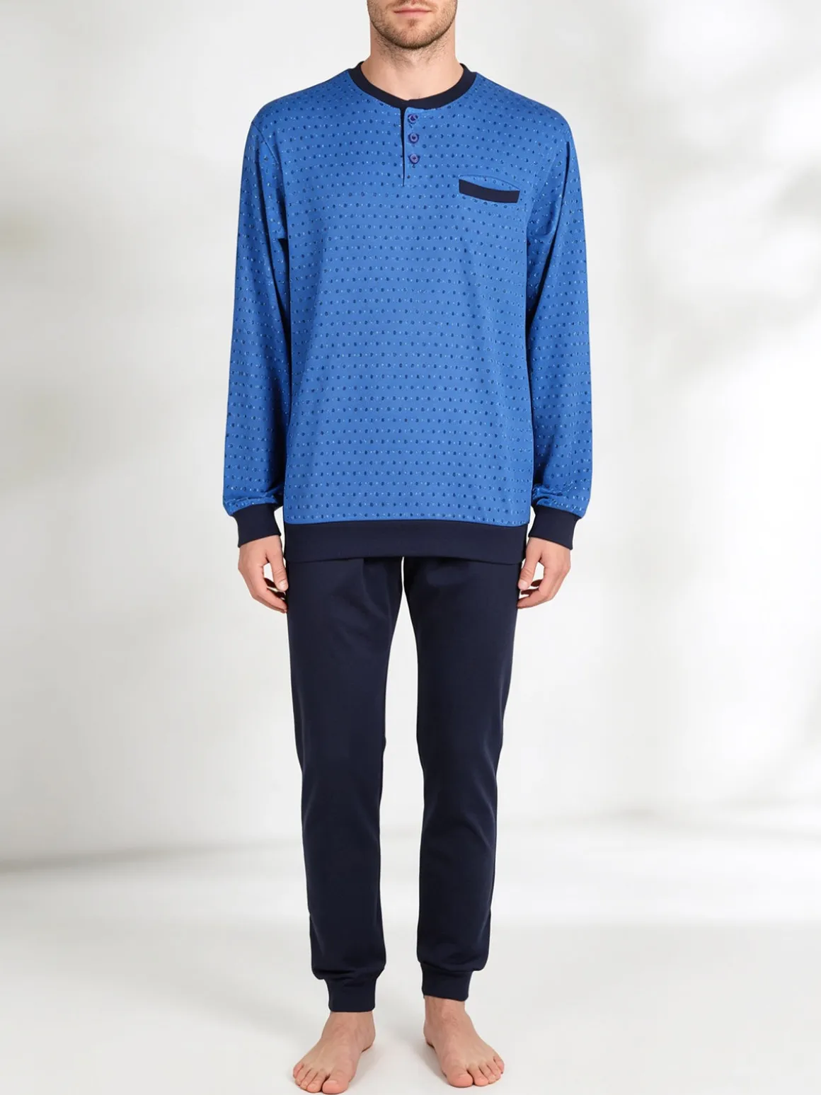 Linea Ambro Pigiama lungo da uomo in misto cotone interlock con taschino - blu
