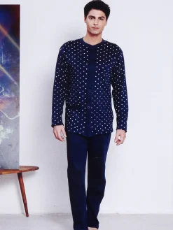 Linea Ambro Pigiama lungo da uomo aperto con bottoni - blu scuro