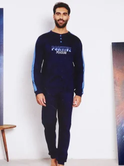 Linea Ambro Pigiama lungo da uomo in misto cotone interlock - blu scuro