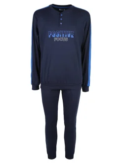 Linea Ambro Pigiama lungo da uomo in misto cotone interlock - blu scuro