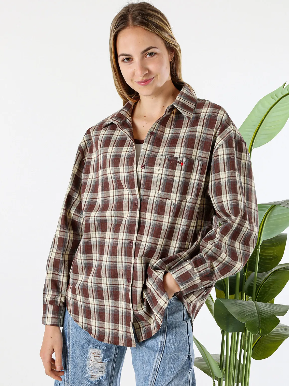 Lissimo Set 2 pezzi camicia oversize a quadri da donna con top coordinato - marrone