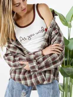Lissimo Set 2 pezzi camicia oversize a quadri da donna con top coordinato - marrone