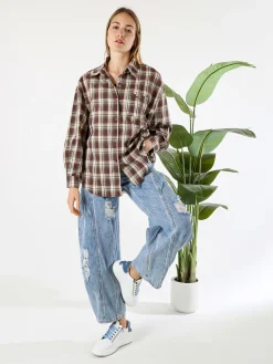 Lissimo Set 2 pezzi camicia oversize a quadri da donna con top coordinato - marrone