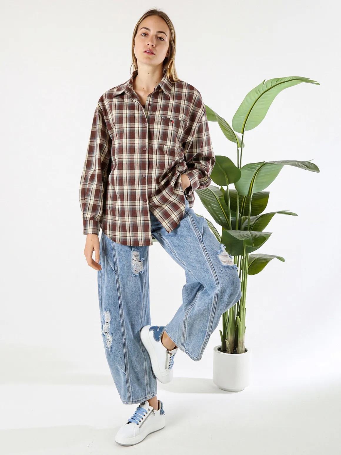 Lissimo Set 2 pezzi camicia oversize a quadri da donna con top coordinato - marrone