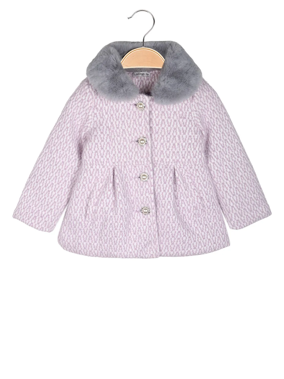 Lollitop Cappotto da neonata con bottoni di perle e scollo in ecopelliccia - lilla
