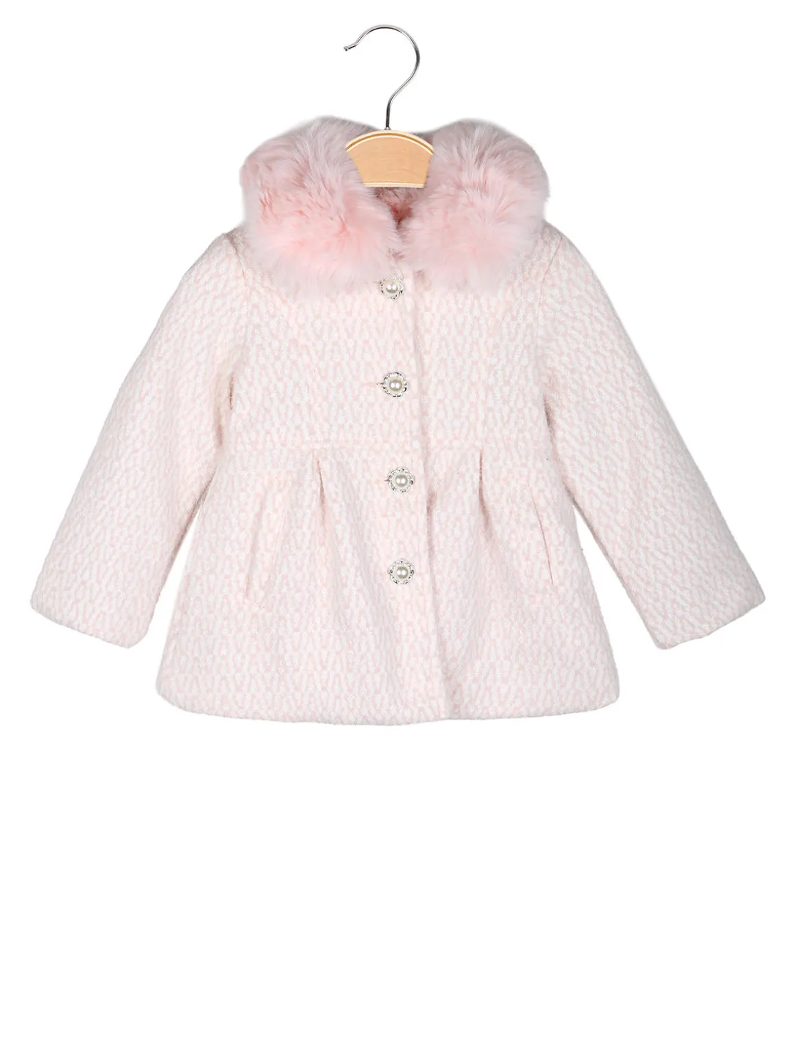 Lollitop Cappotto da neonata con bottoni di perle e scollo in ecopelliccia - rosa