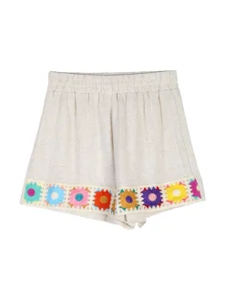 Lollitop Completo corto da bambina in misto cotone e lino con t-shirt e shorts ricamati - beige