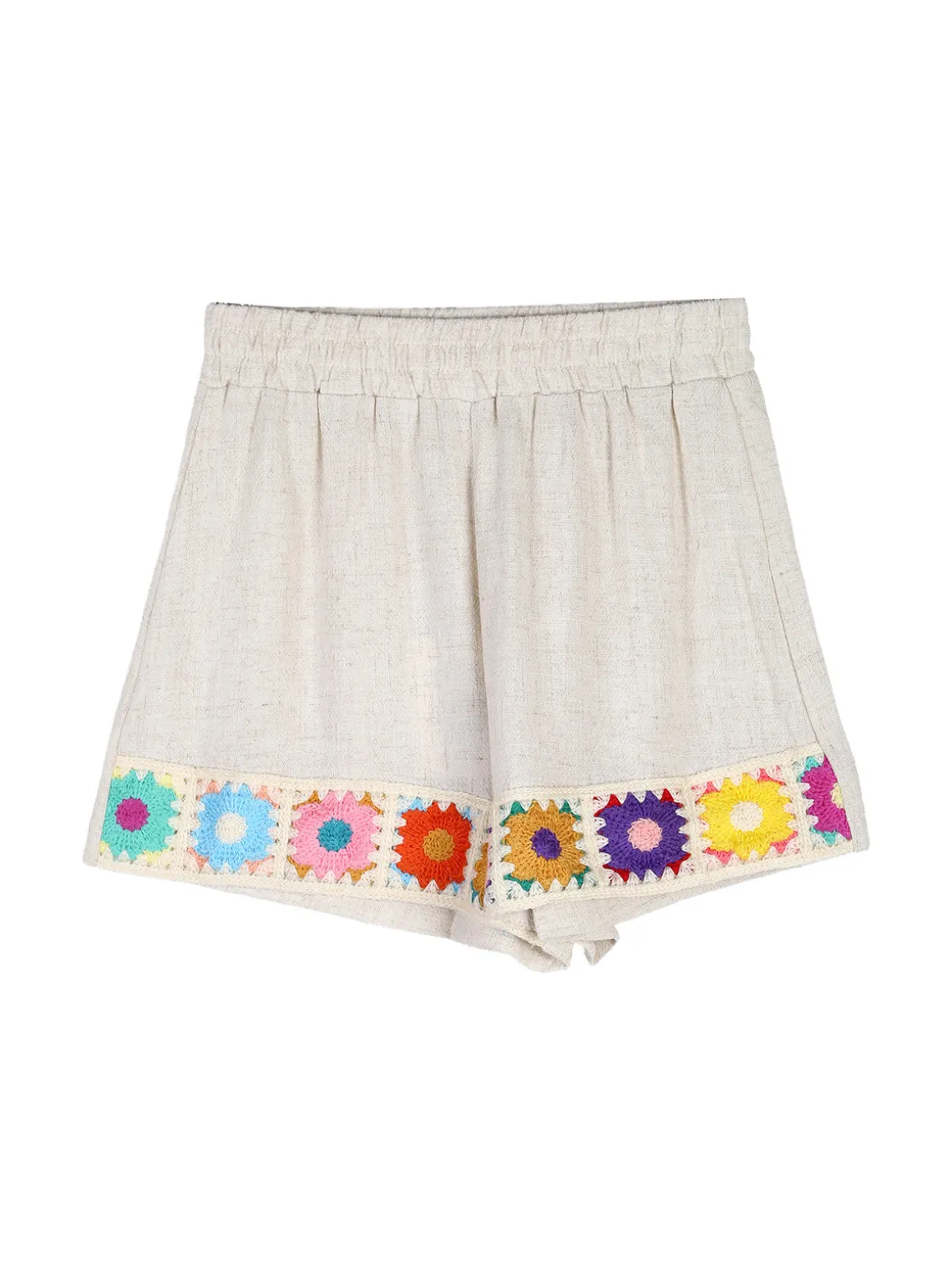 Lollitop Completo corto da bambina in misto cotone e lino con t-shirt e shorts ricamati - beige