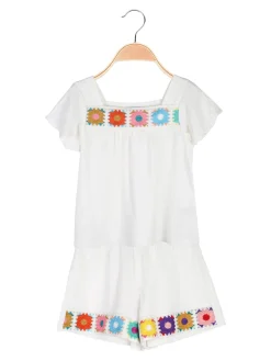 Lollitop Completo corto da bambina in misto cotone e lino con t-shirt e shorts ricamati - bianco