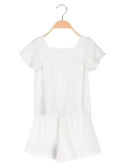 Lollitop Completo corto da bambina in misto cotone e lino con t-shirt e shorts ricamati - bianco