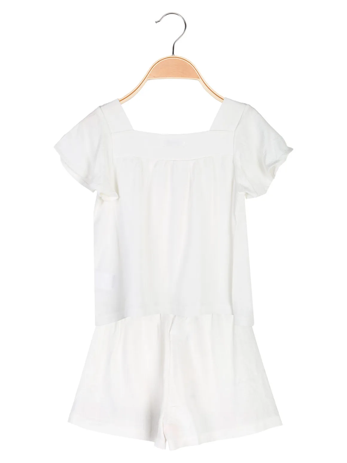 Lollitop Completo corto da bambina in misto cotone e lino con t-shirt e shorts ricamati - bianco