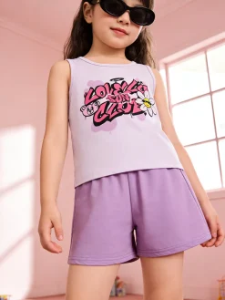 Lollitop Completo corto da bambina con canotta e shorts in cotone - lilla
