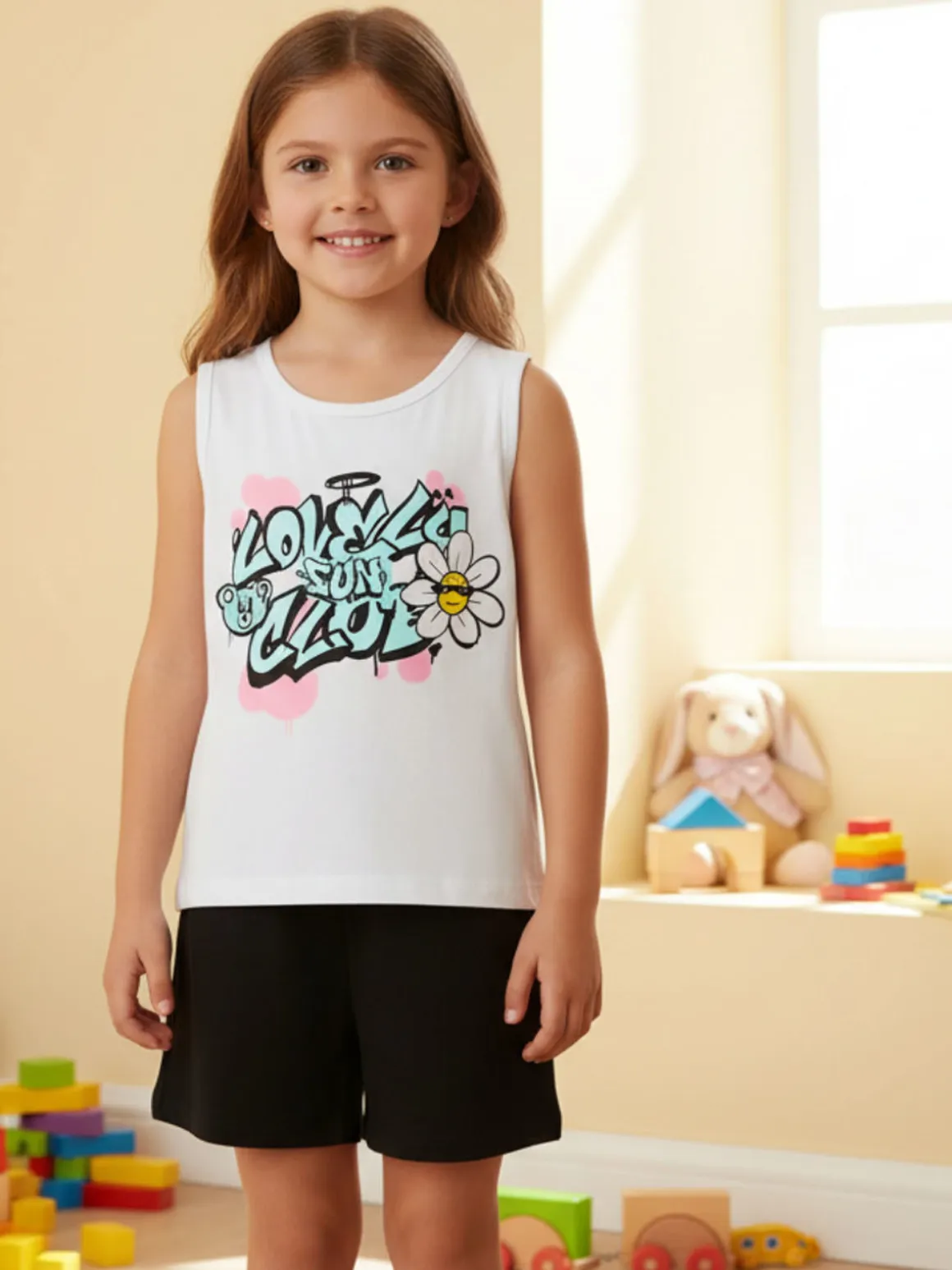 Lollitop Completo corto da bambina con canotta e shorts in cotone - bianco