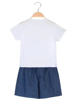 Lollitop Completo corto da bambina con t-shirt e shorts effetto jeans con cintura - azzurro