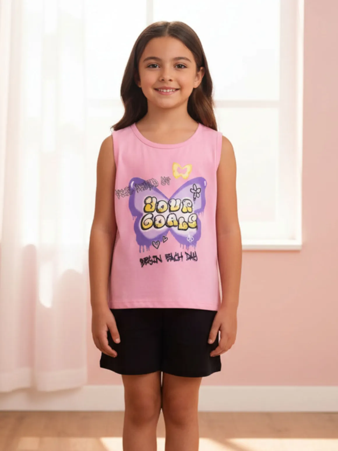 Lollitop Completo corto da bambina con canotta e shorts in cotone - rosa