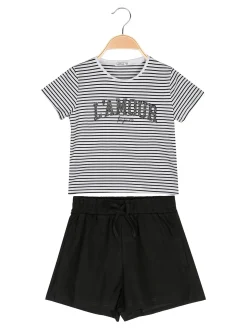 Lollitop Completo corto da bambina con t-shirt rigata con strass e shorts