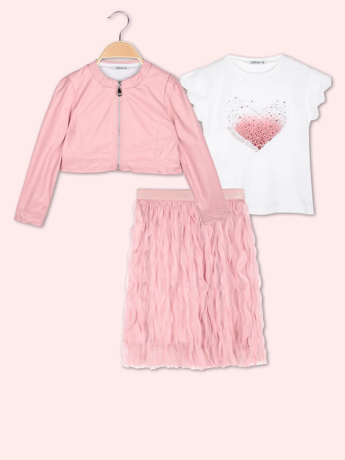 Lollitop Completo 3 pezzi da bambina con giacchino in ecopelle e gonna in tulle