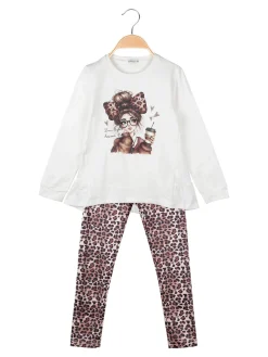 Lollitop Completo 2 pezzi da bambina con maglietta e leggings maculati - bianco