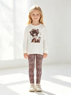 Lollitop Completo 2 pezzi da bambina con maglietta e leggings maculati - bianco