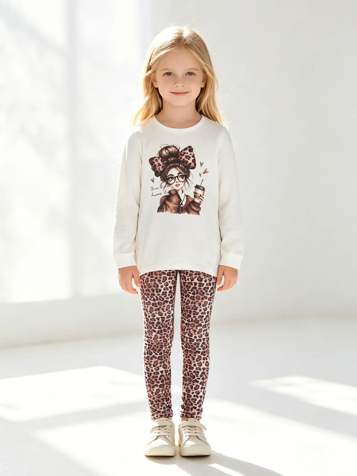 Lollitop Completo 2 pezzi da bambina con maglietta e leggings maculati - bianco