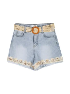 Lollitop Shorts da ragazza in jeans sfrangiati con ricami e strass - jeans