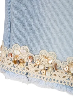 Lollitop Shorts da ragazza in jeans sfrangiati con ricami e strass - jeans