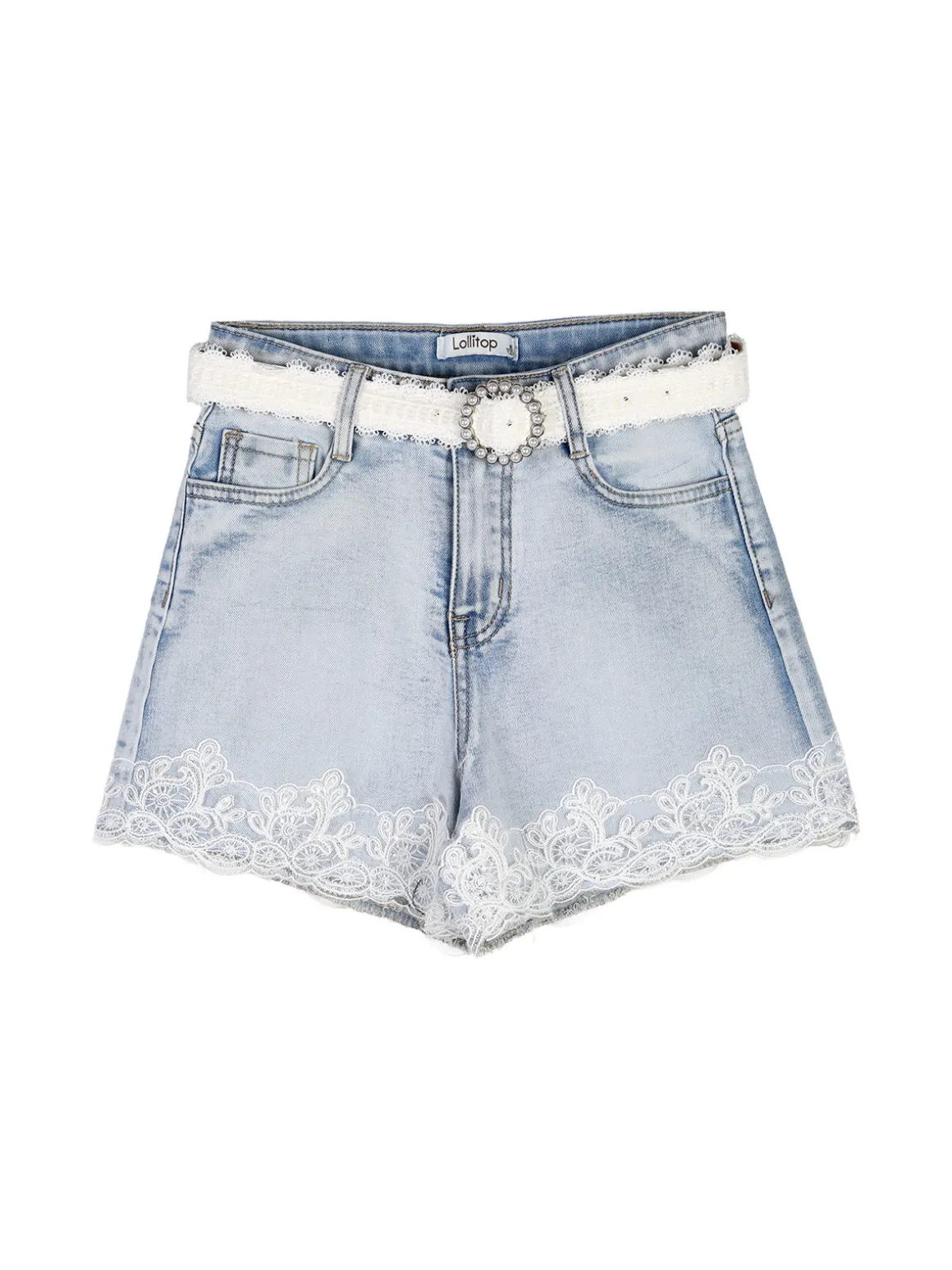 Lollitop Shorts in jeans da ragazza con ricami in pizzo e cintura - jeans