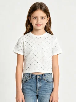 Lollitop T-shirt cropped da bambina in cotone con strass - bianco